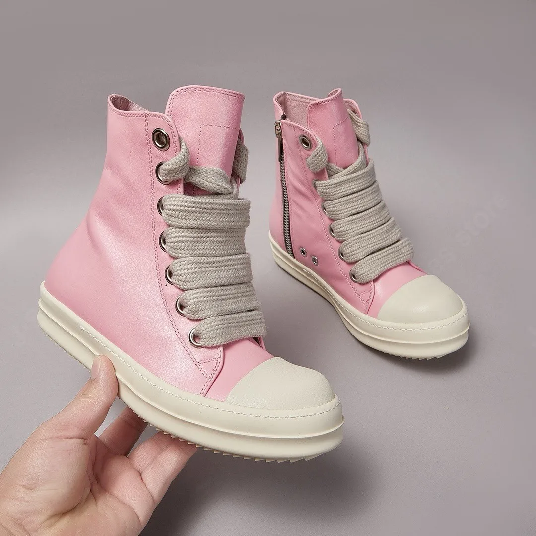 

Ricks Men Shoe Pink Leather High Top Shoe Jumbo Laces Women Sneaker Owens Casual Shoe Owens Design Zipper Cowhide Boots Sneakers