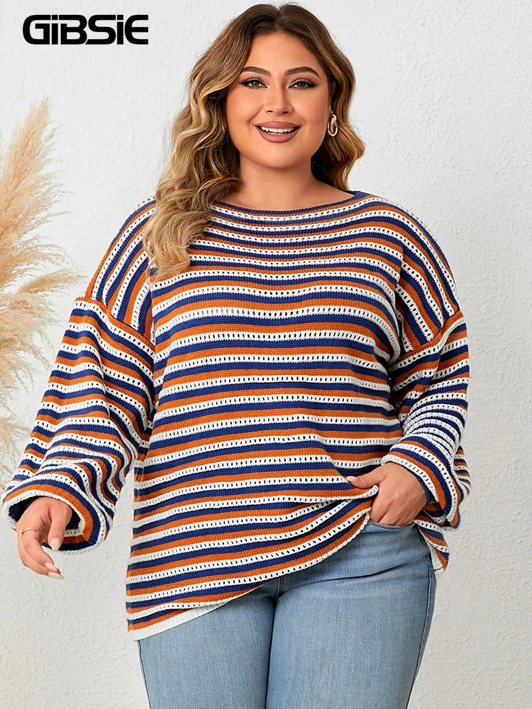 GIBSIE Plus Size Drop Shoulder O-Neck Knitted Sweater Women 2023 Fall Winter Striped Casual Long Sleeve Loose Pullover Tops