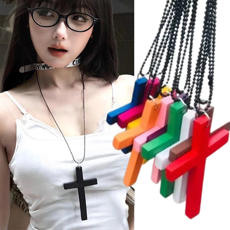 3pcs Sweet Cool Gothic Wood Cross Pendant Necklace for Women Men Vintage Y2K Black Red White Hip Hop Necklace Party Jewelry Gift