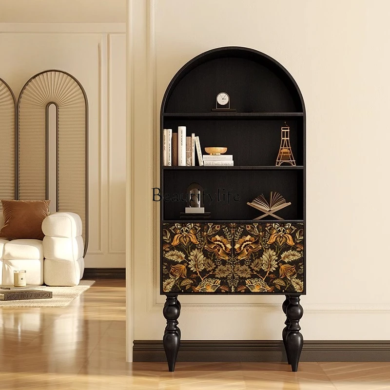 

French retro light luxury living room solid wood bookcase corner storage vertical cabinet