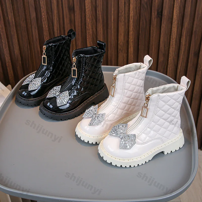 Children Ankle Boots 2026 Autumn Winter New Bowknot Rhinestone Girls Soft-sole Non-slip Princess Leather Shoes Kids Short Boots