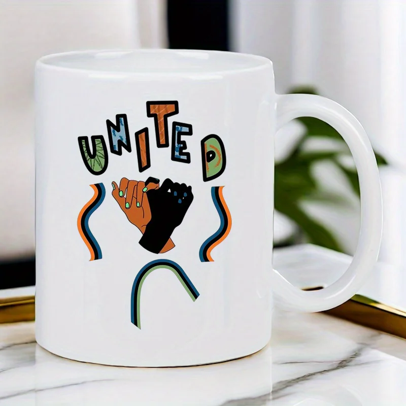 [Inspirational Gift] United Hands Ceramic Coffee Mug - Inspirational Unity Design with Raised Fist & Rainbow, White, Hand Wash O