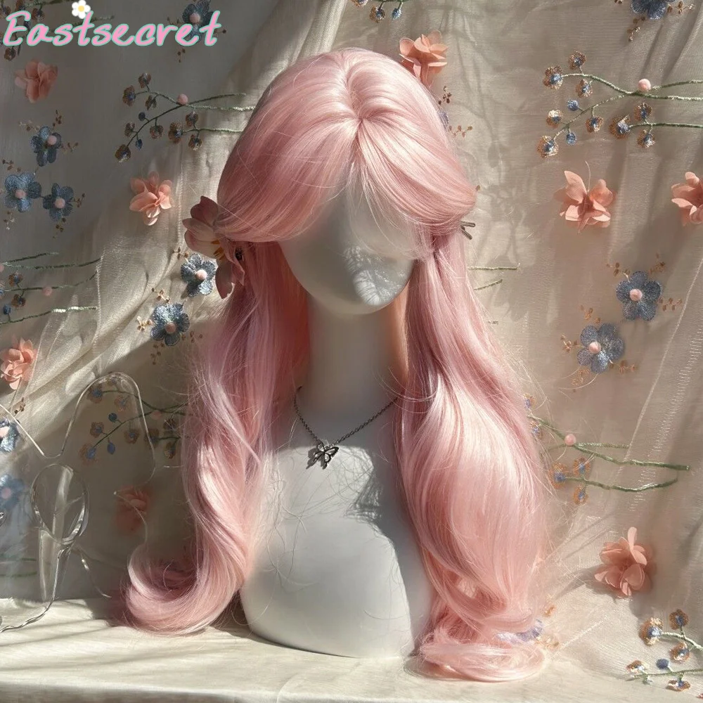 شعر مستعار وردي إيست للنساء، شعر مستعار طويل مموج، شعر مستعار اصطناعي ناعم وطبيعي للاستخدام اليومي، شعر مستعار لوليتا للحياة المدرسية، وردي