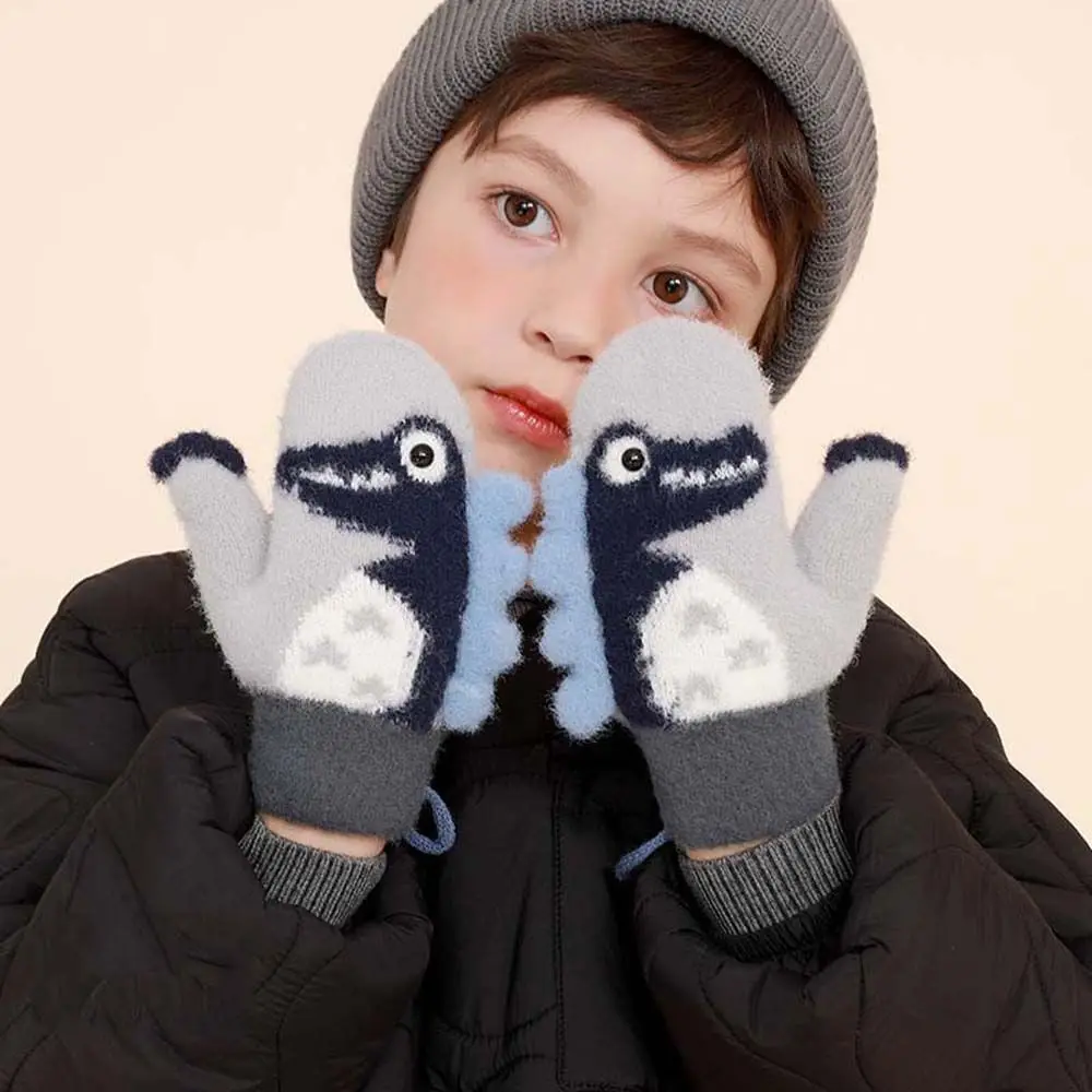 

Outdoor Keep Warm Windproof Cartoon Plush Children Dinosaur Gloves Full Finger Mittens Kids Gloves Hanging Neck Gloves