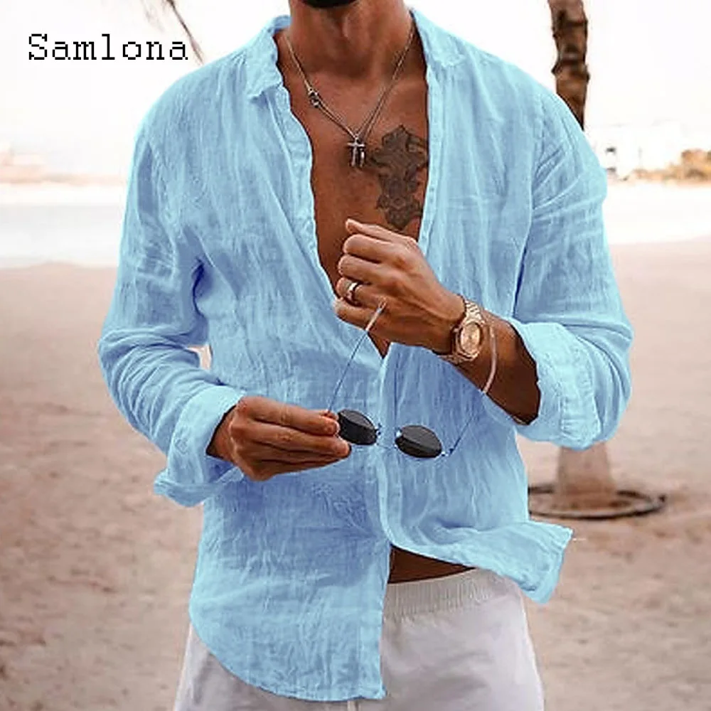 Men Long Sleeves Linen Shirts Clothing 2023 Summer Hot Beach Shirt Hommes Vintage harajuku Blouse Mens Casual Skinny Basic Tops