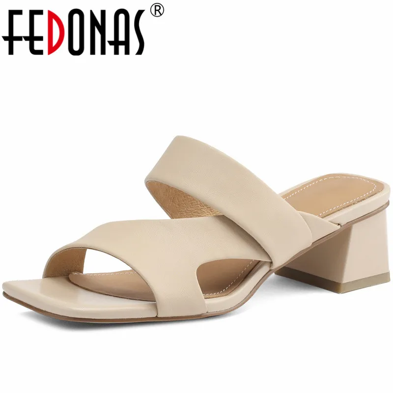 FEDONAS Newest Slippers Women Sandals Fashion Elegant Office Ladies Party Shoes Woman Genuine Leather Thick Heels Mature Summer