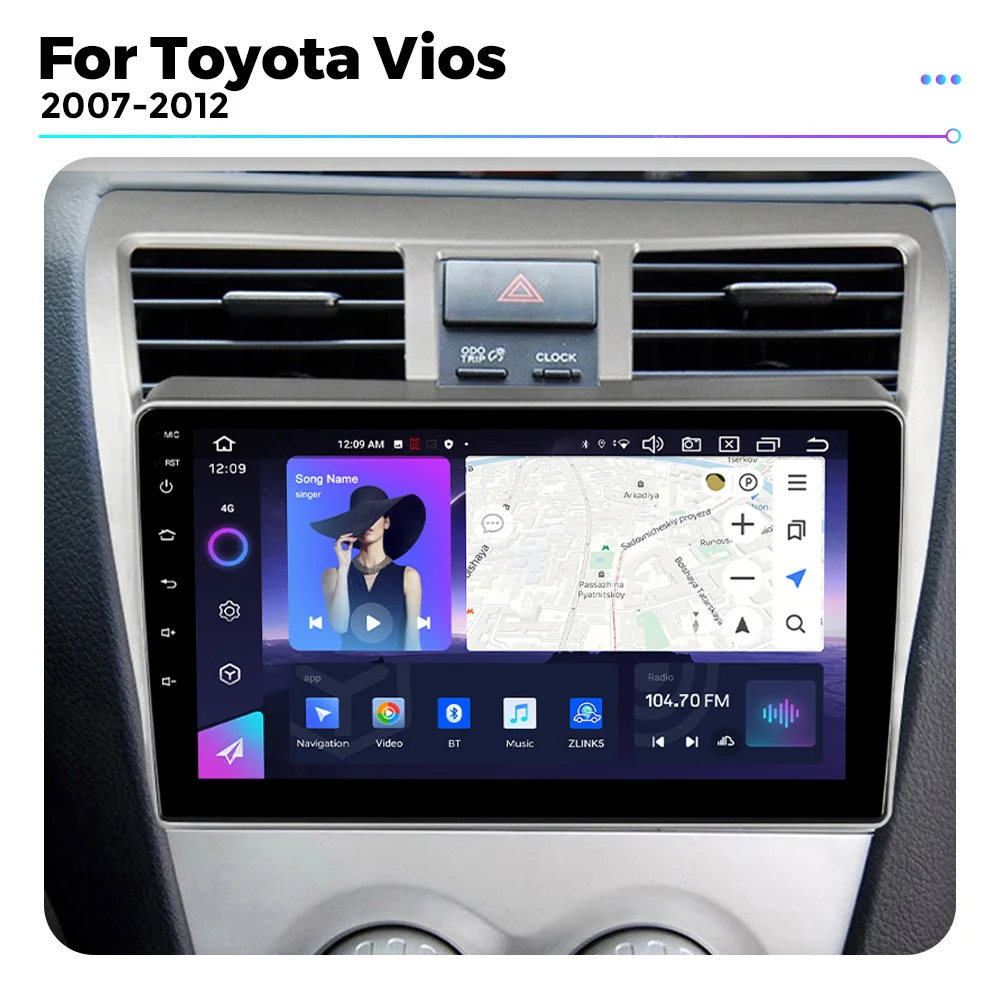 Android 13 Car Radio Multimedia Video Player For Toyota Vios 2007-2012 For Wireless Carplay Auto 4G LTE WIFI 8 Core GPS DSP BT