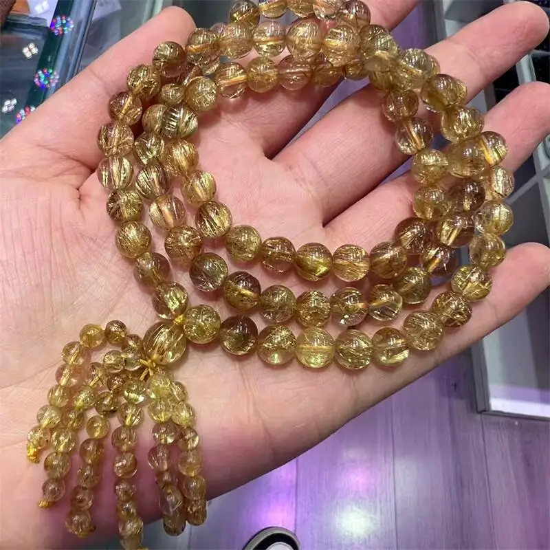 7.5MM Natural Gold Rutilated Quartz Buddha Bead Necklace Crystal Reiki Healing High Quality Gemstone Fashion Jewelry Gift 1pcs