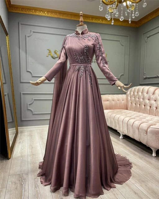 Elegant Arabic Muslim Women Formal Dress Full Sleeves Robes De Soiree A Line Chiffon High Neck Dubai Caftan Evening Prom Dresses