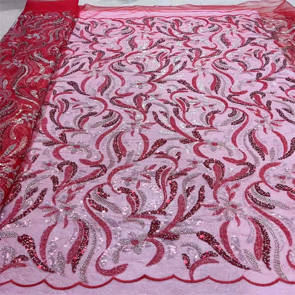 5 yard kain renda Afrika jaring Tulle renda manik-manik 2024 kain payet emas kualitas tinggi Nigeria untuk gaun malam pernikahan Sewin