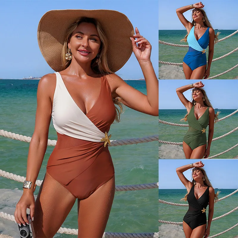 Women Color Block Wrap One Piece Swimsuit V Neck Starfish Decor Ruched Tummy Control Padded Slimming Beach Bathing Suit Bikini