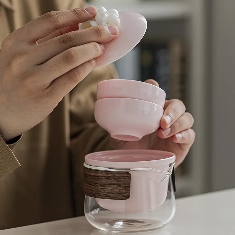 Pink pinched flower travel tea set, small set, outdoor portable express cup, one pot and two cups of gifts, gift tea set