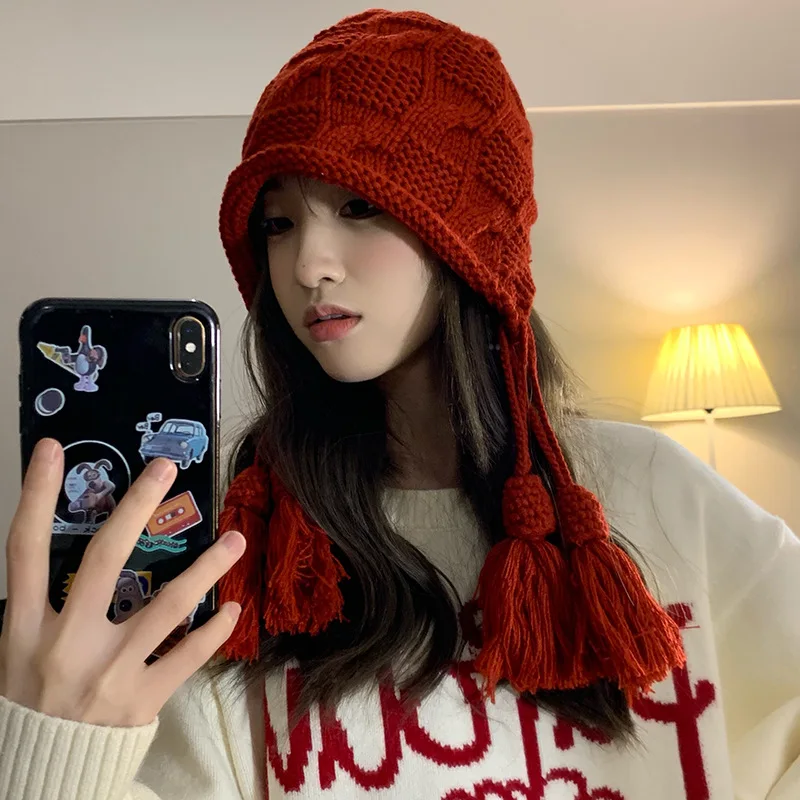 Johnature New Year Red Tassel Hat Women Autumn Winter Warm Woolen Fringed Pullover Hat Hand-knitted Ear Protection Hat Japanese