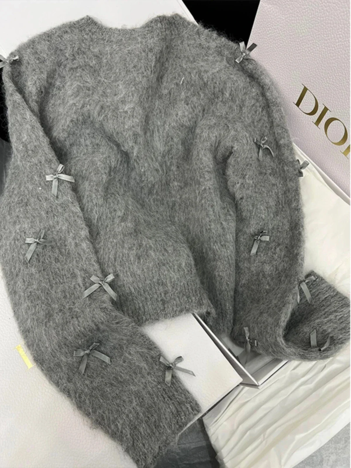 Gray Sweater Jackets Women Clothing O-neck Sweet Bow Sueter Mujer Fashion Mohair Soft Knit Korean Cropped Pullovers Pull Femme