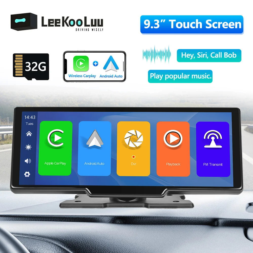 

LeeKooLuu 9.3" Car Mirror Video Recording Wireless Carplay & Android Auto Multimedia Player Bluetooth FM Transmitter AI Voice