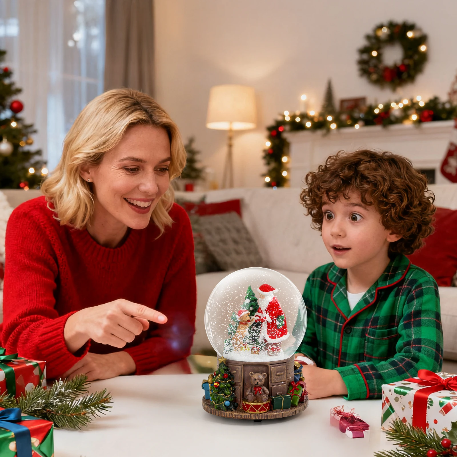 

Musical Christmas Snow Globe with Santa Claus and Playful Dancing Dogs, Enchanting Holiday Decor and Kids Gift Idea