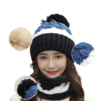 Winter Women Wooly Thick Knit Woollen Hat And Scarf Set Knitted Cap Neck Protection Windproof Hat