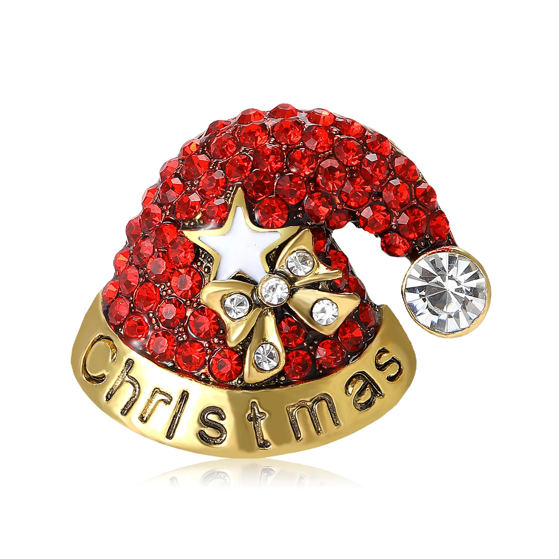 Red Rhinestone Christmas Hat Brooch Star Bow Letter Christmas Enamel Lapel Pin Xmas Holiday Decoration Craft Gift for Men Women