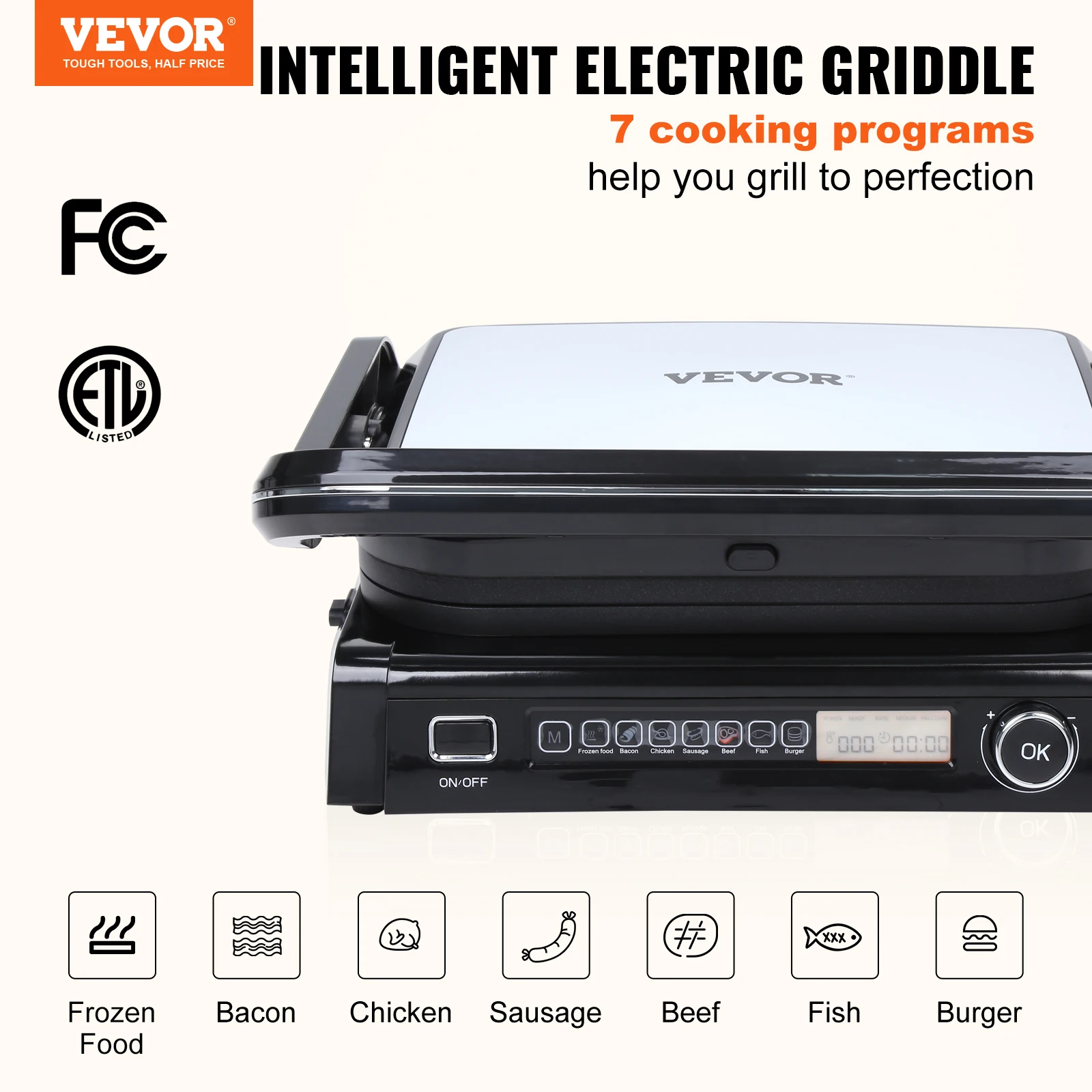 VEVOR Electric Griddler Countertop Panini Press Griddle Sandwich Maker Non-Stick Coated Plates 0-446℉ Adjustable Temp Control