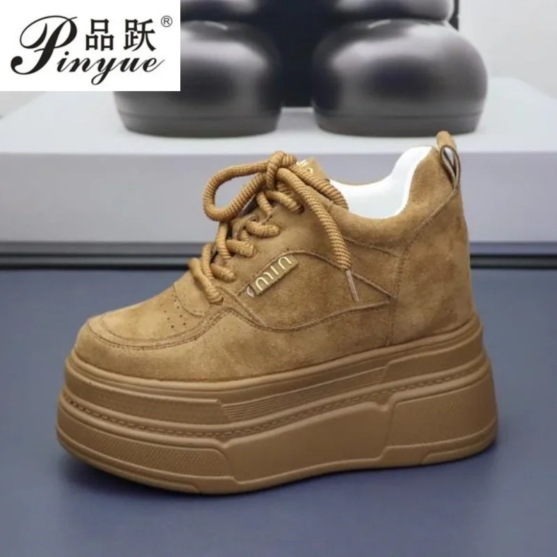 

10cm 12CM Platform Wedge Sneakers Microfiber Leather Comfy Breathable Skate Board Vulcanized Chunky Hidden Heel Block Shoe 34-40