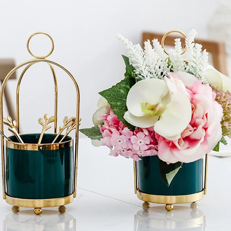 Flower Vases Ceramic Metal Fruit Fork Storage Jar Meat Plant Decoration Pot Mini Creative Desktop Ornaments Kitchen Appliances