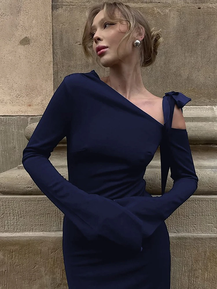 Kliou Abiti lunghi moda elegante Donna Tendenza autunnale Colletto obliquo Manica intera Spacchi laterali Robe Prom Party Abiti basic solidi