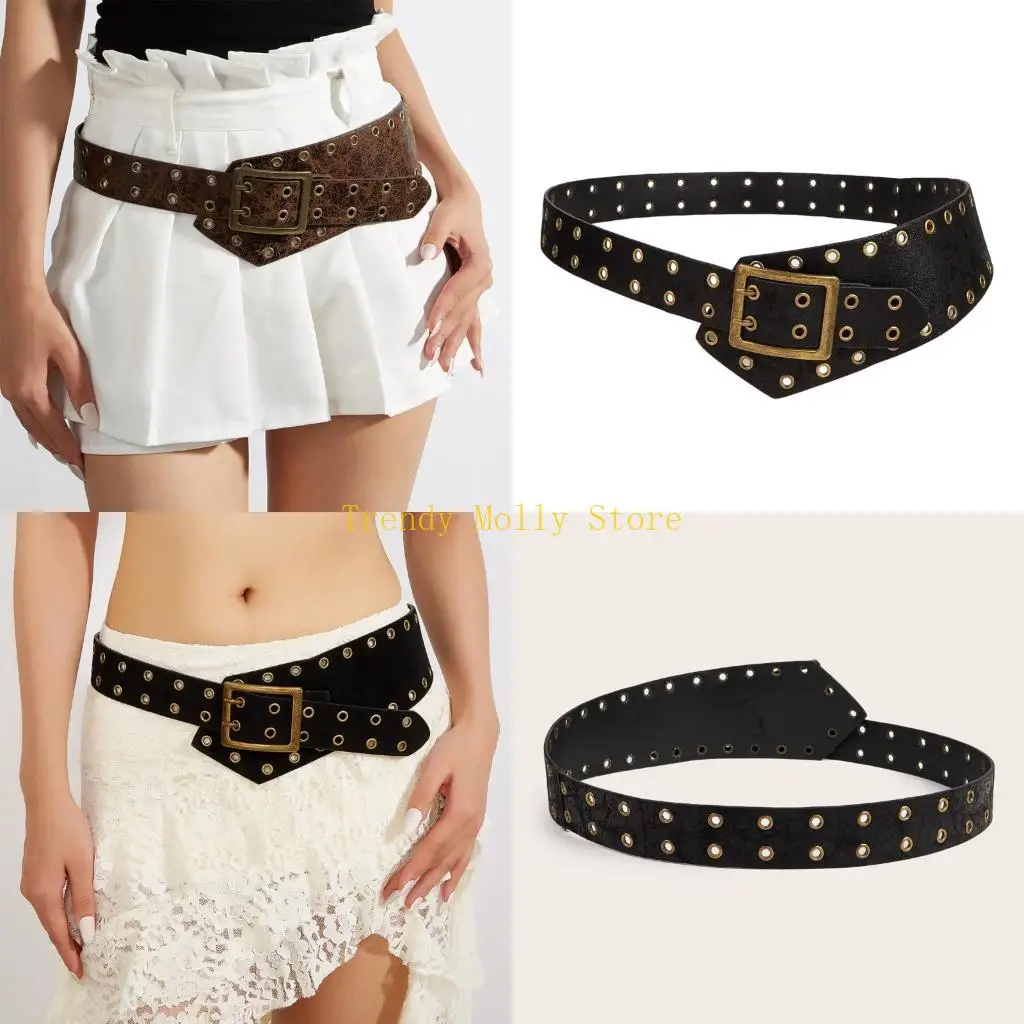 

N5KB Hip Hop Wide Belt Punk Gothic Studded Eyelet Design Durable Faux Leather for Casual Outfits