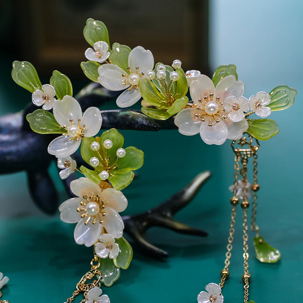 女性と女の子のための中国のクリップヘアアクセサリー,緑の花のヘアピン,真珠のヘッドピース,古いパーティージュエリー,1ペア