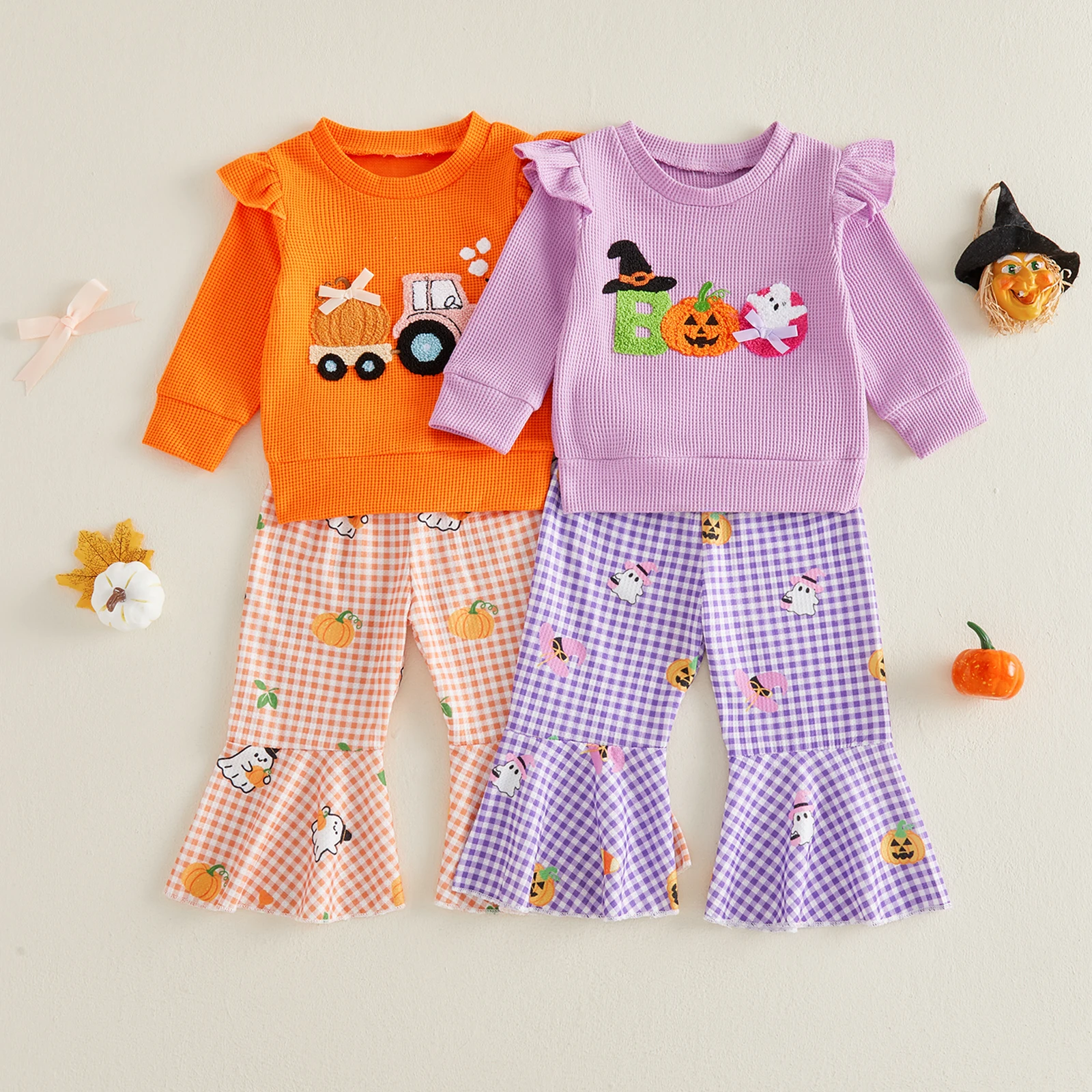1-5Y Toddler Girl Halloween Outfit Ruffle Long Sleeve Crew Neck Pumpkin Ghost Embroidery Sweatshirt Bell Bottom Pants Set