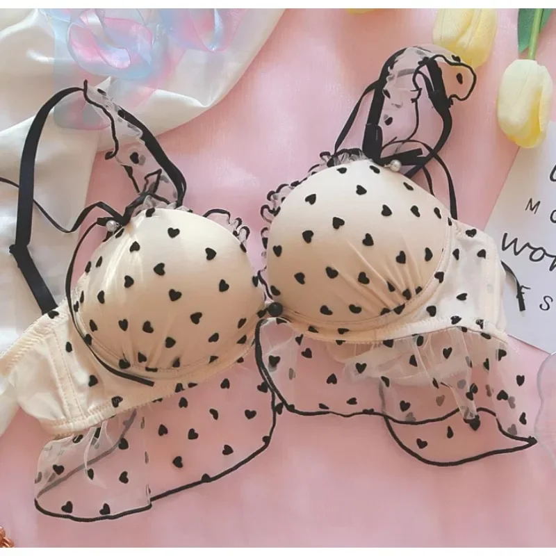 Japanese girl polka dot bra set pure desire sexy without underwire small chest push-up underwear cute lace bra