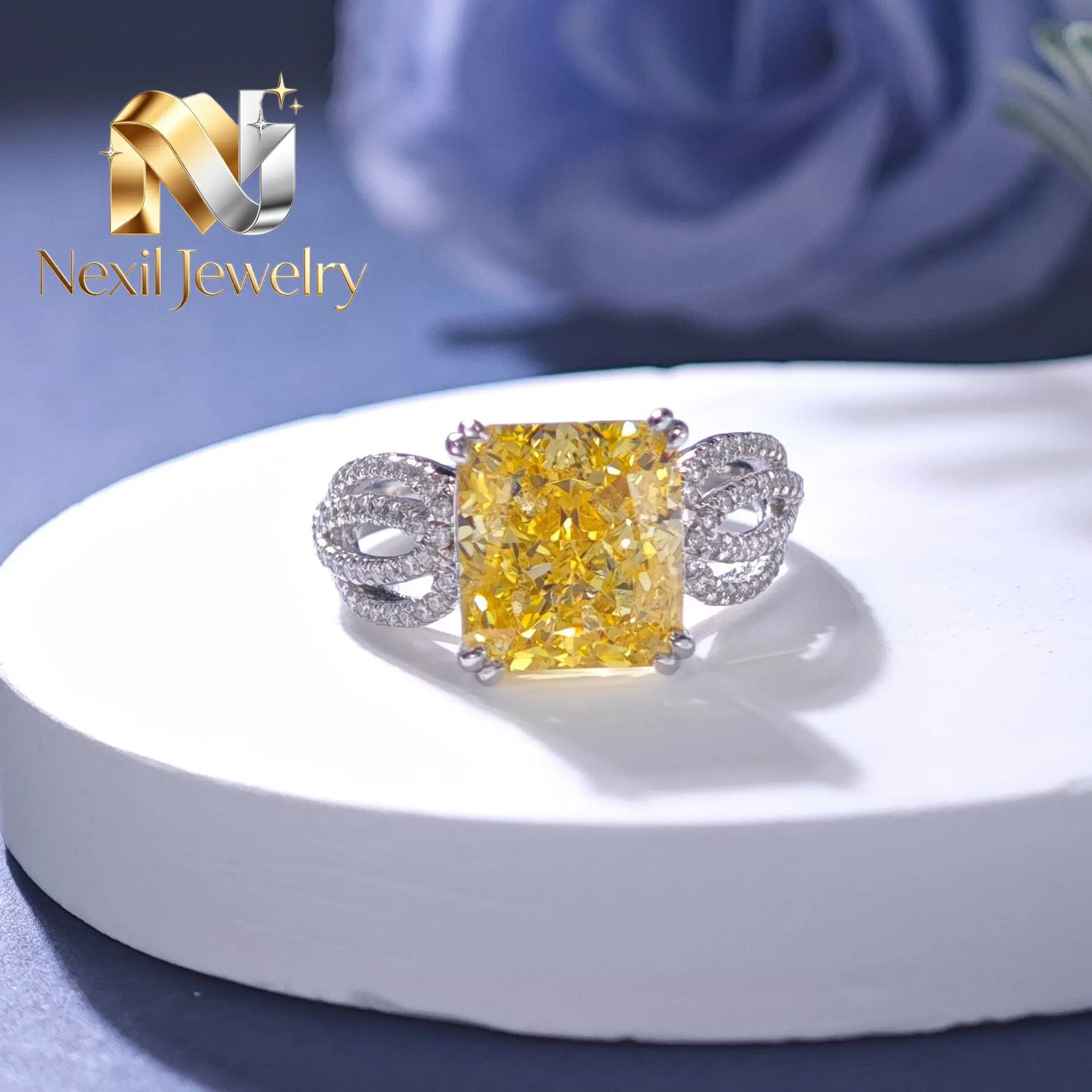

Nexil Jewelry Nexil Jewelry Women's 4 Carat Fancy Yellow Moissanite Ring, PT950 Platinum, Four-Prong Setting, Unique Shape &