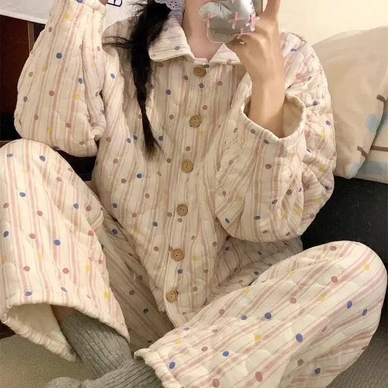 

Женский пижамный комплект, зимняя утепленная ночная рубашка в милую полоску, хлопковая ночная рубашка, сохраняющая тепло, удобная одежда для сна с воротником Питера Пэна, домашняя одежда для девочек