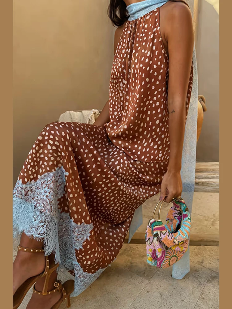 

Elegant Polka Dots Lace Patchwork Skirt Set Sleeveless Halter V-neck Tank Top Long Straight Skirts 2026 Summer Vacation Outfits