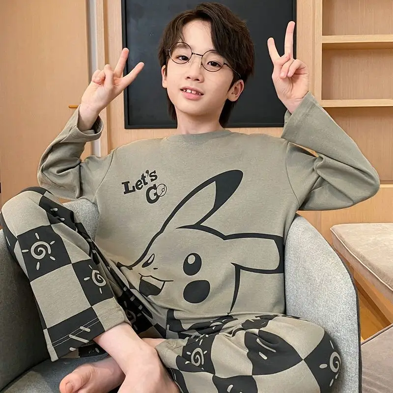 

Детский пижамный комплект с рисунком Пикачу, весенне-осенний хлопковый комплект из 2 предметов для мальчиков, комплект из 2 предметов, детский милый пижамный комплект с мультяшным рисунком, комплект домашней одежды