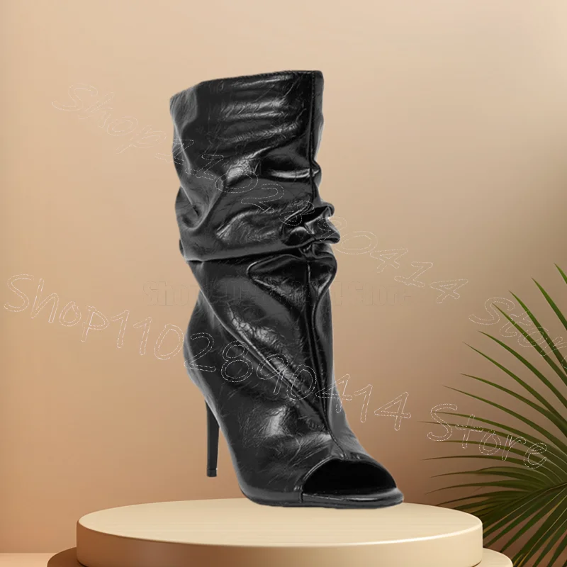 

Black Pleated Design Mid Calf Leather Sandals Boots Slip On Women Shoes Thin High Heels Open Toe Party 2026 Zapatos Para Mujere