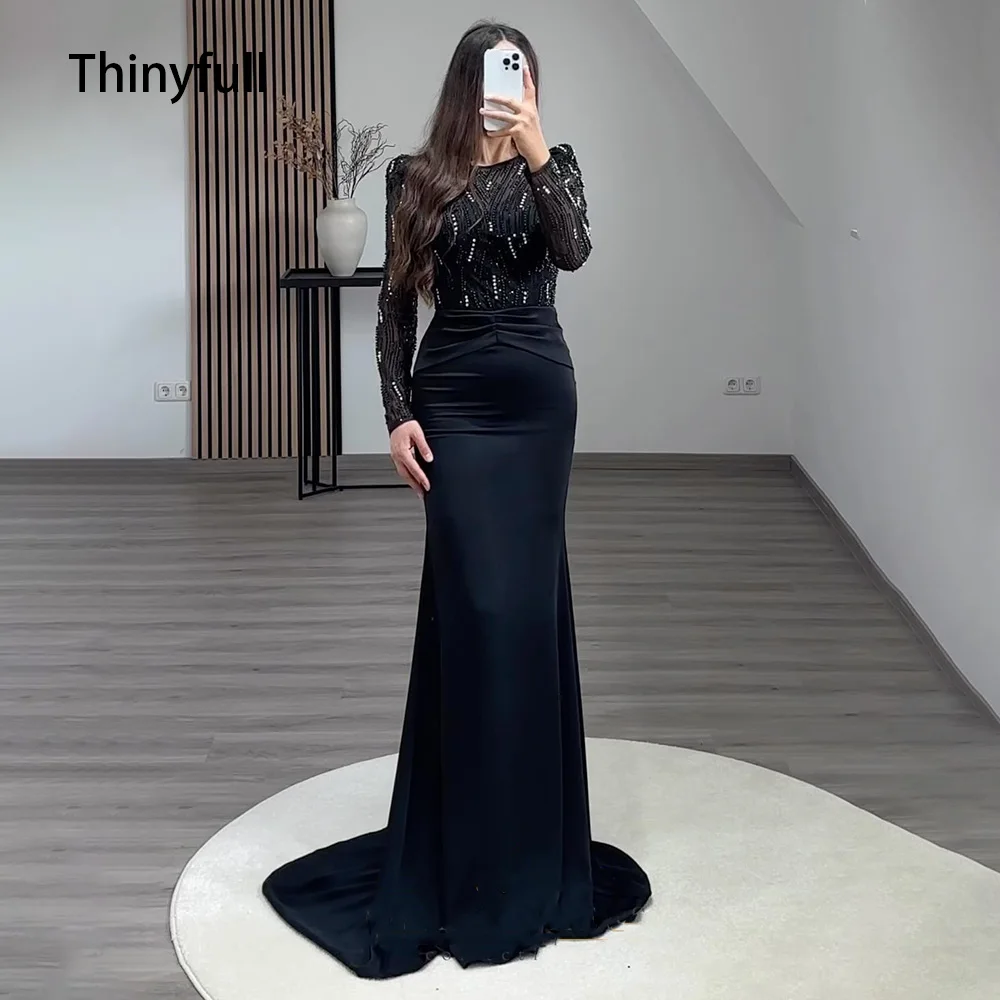 Thinyfull Mermaid Evening Party Dresses Beading Long Sleeve Prom Gown Formal Occasion Dresses Saudi Arabia Prom Dress Customized