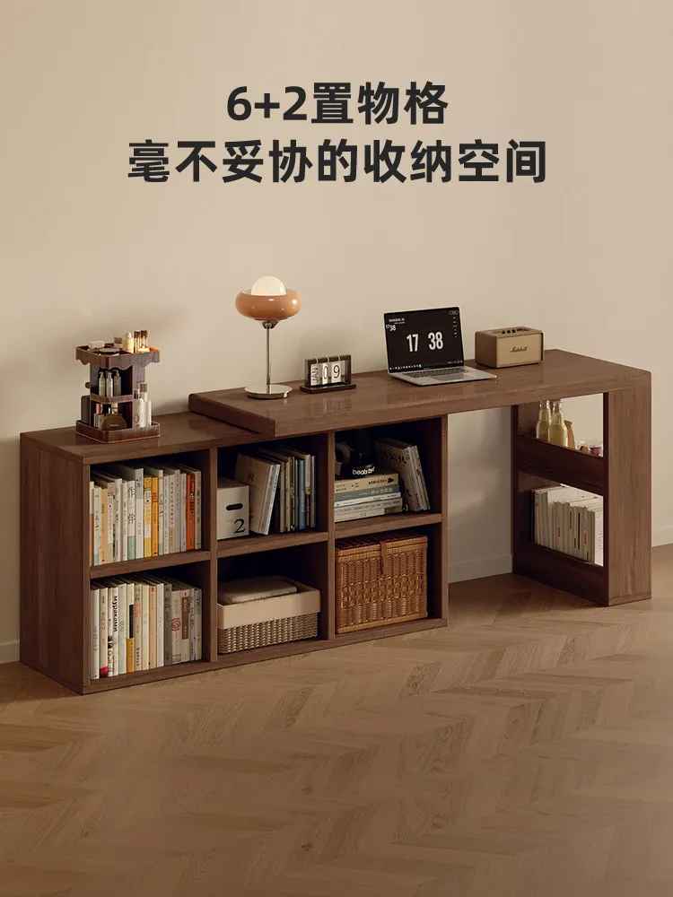 Long solid wood desk, home bedroom computer desk, storage cabinet integrated, retractable study desk, writing desk against the w