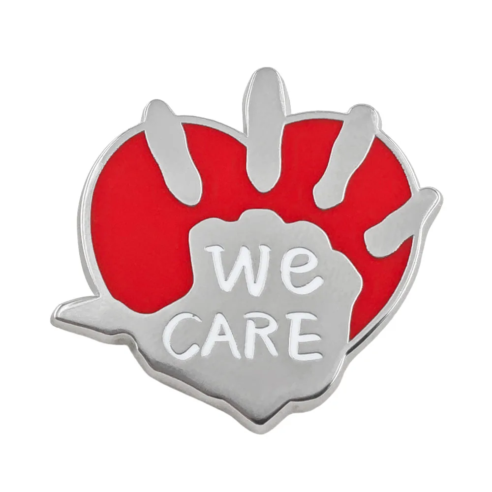 We Care Pin's en émail, Broche et Pin's de revers, Motif Cœur Rouge Empreinte de Main, Badge de Volontaire Caritatif, pour Soignants, Infirmières, Médecins, Hôpitaux, Enseignants, Écoles