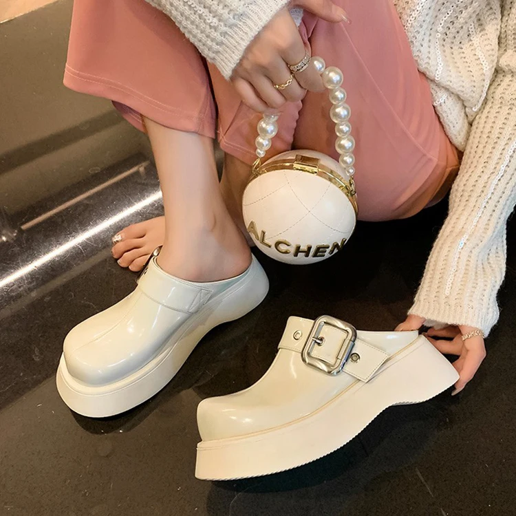 2024 new Height Increasing Ladies Pu Leather Pumps Fashion Platform Wedge Beige Slippers Women British style Lolita Shoes