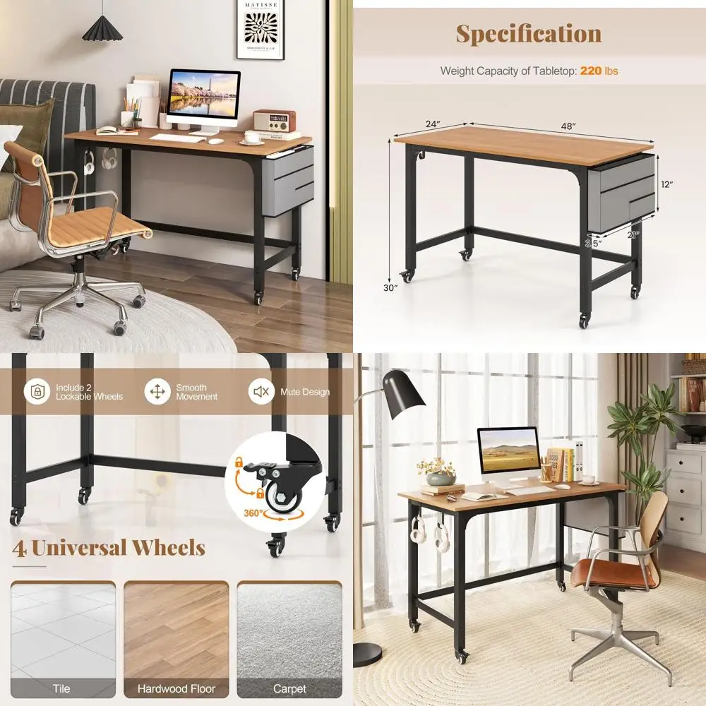 48 Inch Mobile Writing Desk with Storage and Hooks, Natural Finish, for Home Office and Study