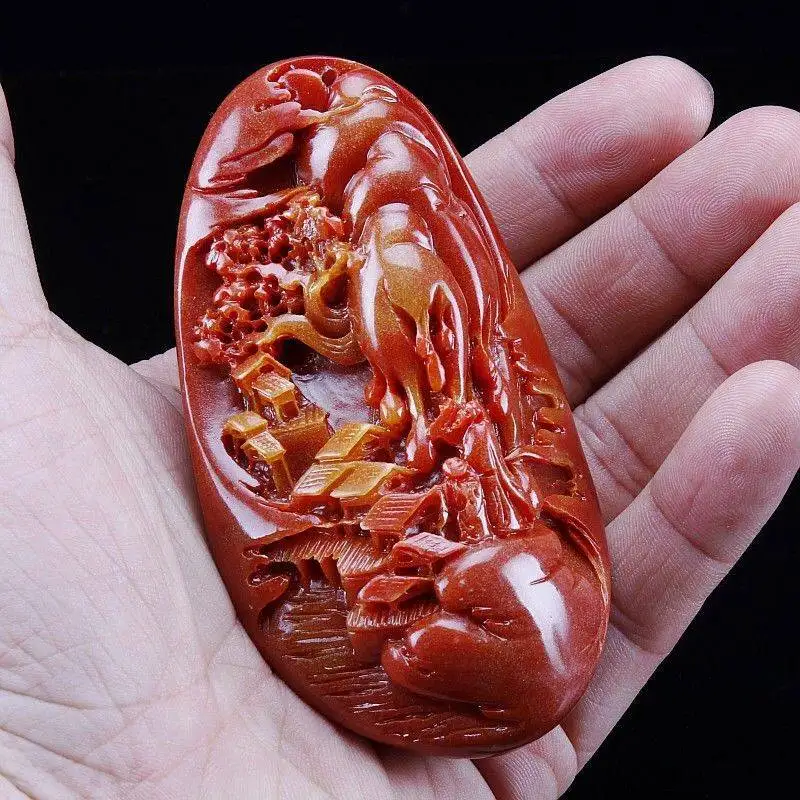 Carved Shoushan Stone Hand Piece Figurine Sunrise Promotion Meaning Desktop Ornament Collectible Home Decor