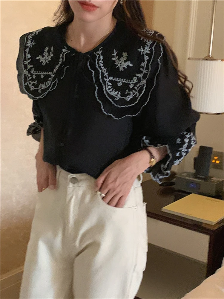 BL9766 New 2023 Korean Fashion Office Embroidery Pagoda Sleeve Oversized Women Blouses Shirts Spring Vintage Elegant Lady Tops