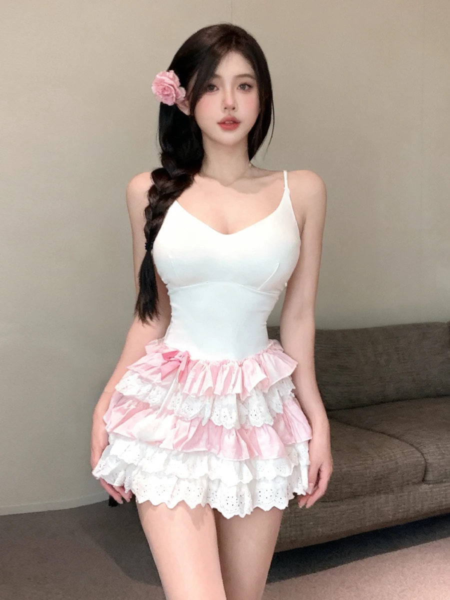 

Sexy Sweet Girl Pure Desire V-ne Strap Dr Multi-layer Splicing ort Cake Skirt Women's Summer Svel A-line Dr