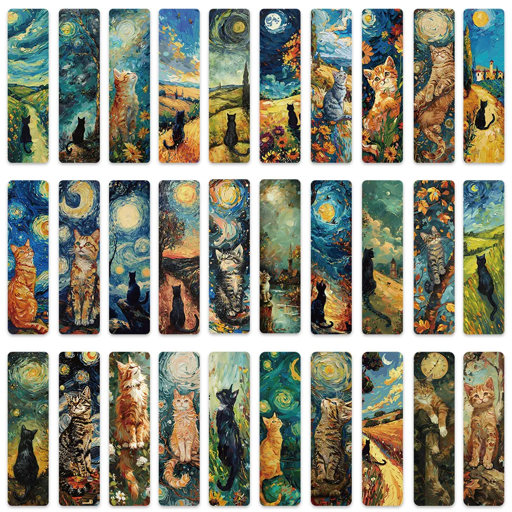 30pcs Retro Aesthetic Oil Painting Cats Paper Bookmarks For Students Readers Library Office Book Journal Page Marker
