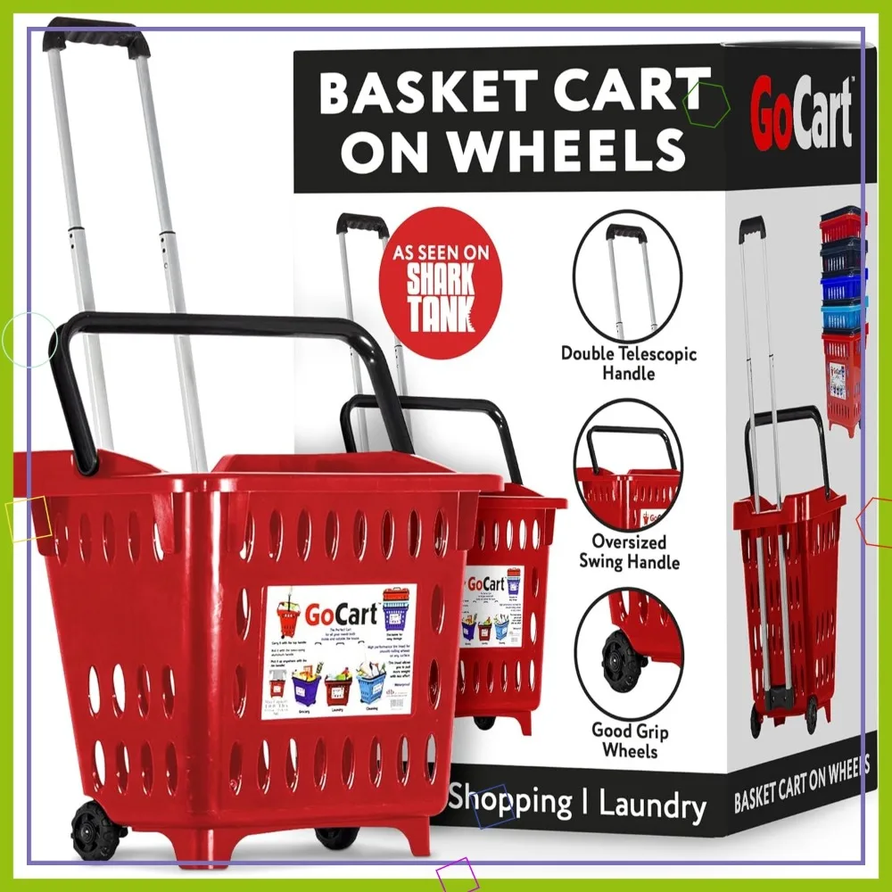 

Red Grocery Cart Shopping Laundry Basket on Wheels, Portable Foldable Rolling Cart for Home and Outdoor Use