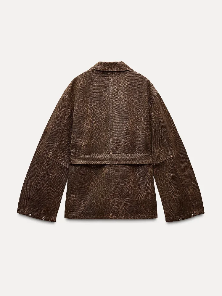 Dámský kabát s leopardím potiskem, džínový, jednořadý, s opaskem, módní klopa s dlouhým rukávem, kapsy, bundy, podzimní elegantní dámské svrchní oblečení - náhled 6