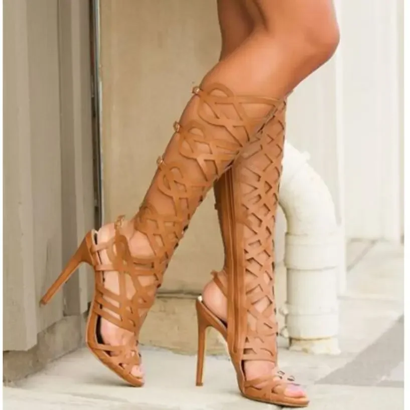 Hollow Mesh Thigh High Boots Zipper Peep Toe Cut Outs Knee High Booty Women Summer Sexy Party Dress Club Boots Shoes