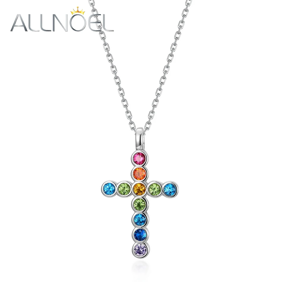 ALLNOEL Real 925 Sterling Sliver Cross Pendant for Women Rainbow Stone Colorful Zircon Party Gifts Fine Jewelry Without Chain