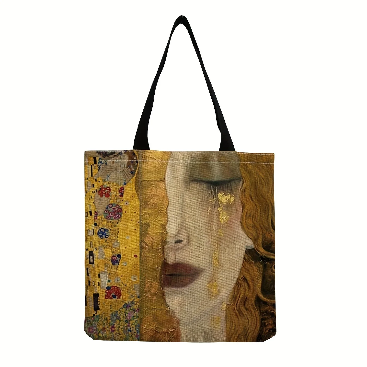 

1 large capacity canvas tote bag with Mona Lisa print - Lightweight and durable fabric shoulder bag for shopping and commuting - Available in red/floral/gold/yellow, reusable shopping bag