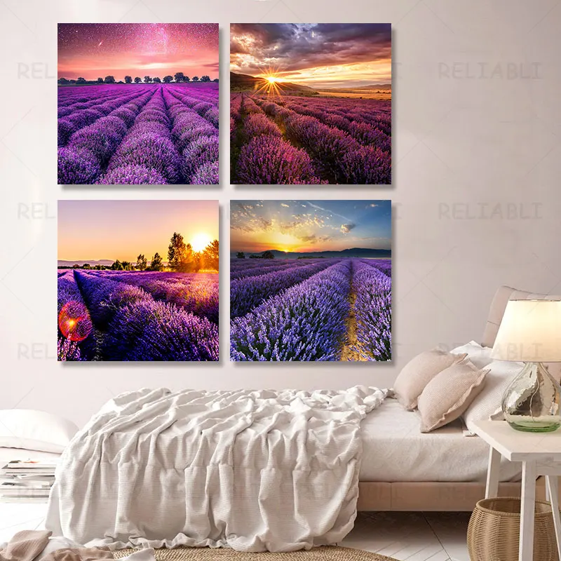 Modern Lavender Field Canvas Painting Purple Flowers Wall Pictures Sunset Landscape Posters and Prints for Living Room Decor